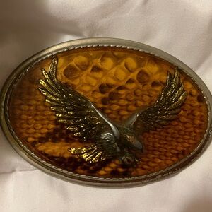 Vintage Handcrafted Oval Eagle Belt Buckle with Amber and Gold Tones